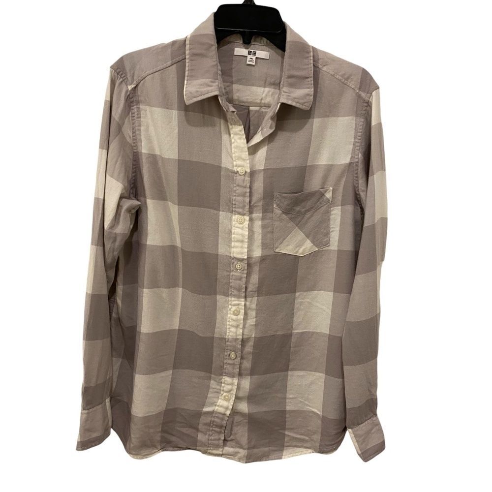 Uniqlo Flannel Button Down Shirt XXL Womens Gray White Plaid Buffalo Check Top